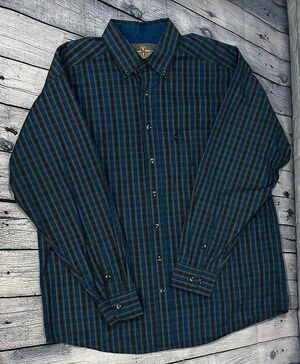 Mens Panhandle Tuf Cooper Performance Turquoise/Brown Plaid Western Button Up Lg
